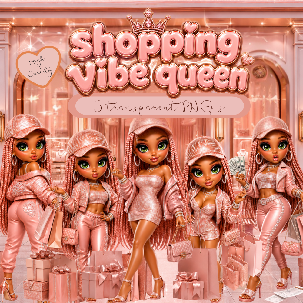 Shopping Vibe Queen PNG Bundle, Pink Chibi Girl PNG, Boujee Shopping Clipart, Glam Girl Sublimation Design, Digital Download for Shirts Mugs