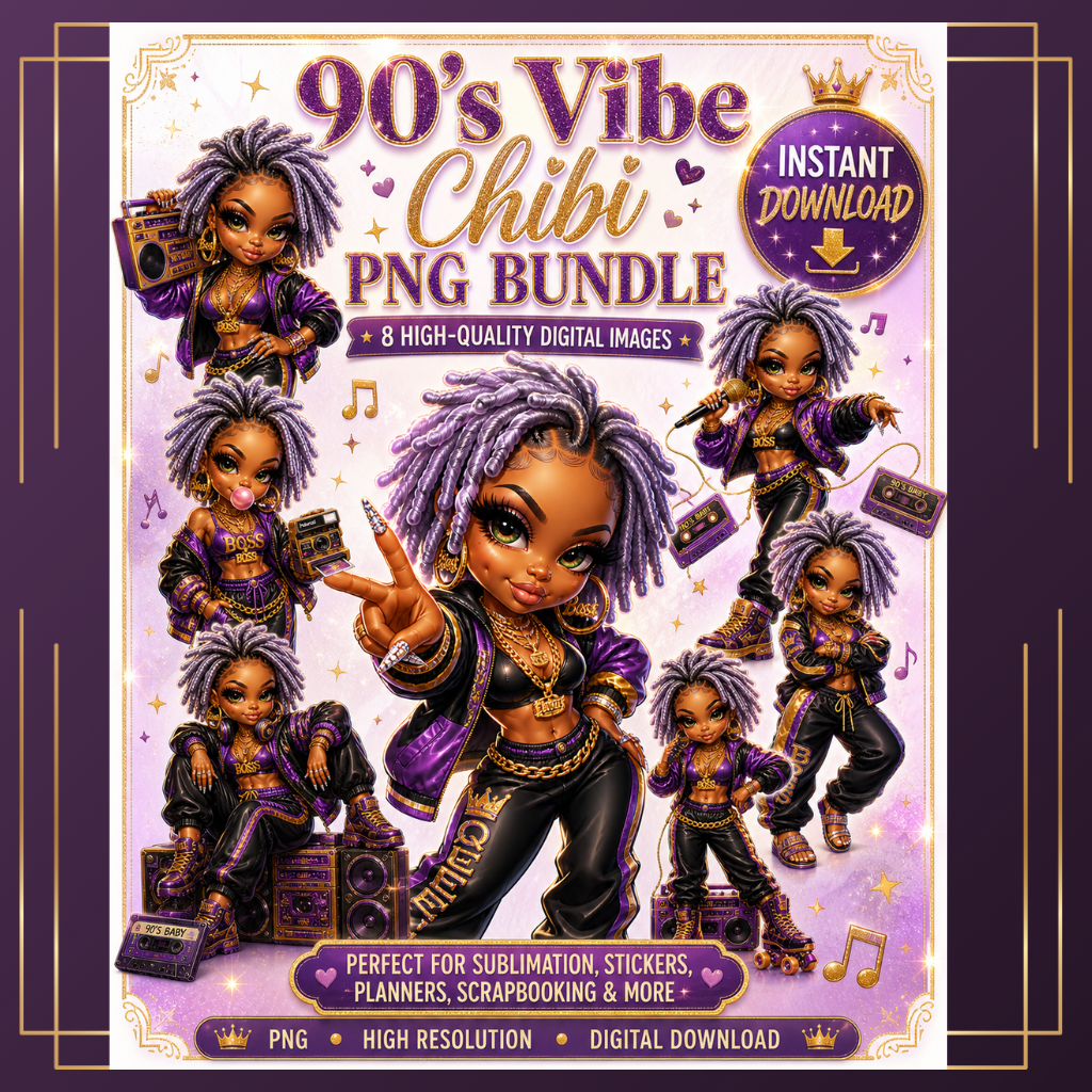 90’s Vibe Chibi PNG Bundle – 8 High-Resolution Digital Designs
