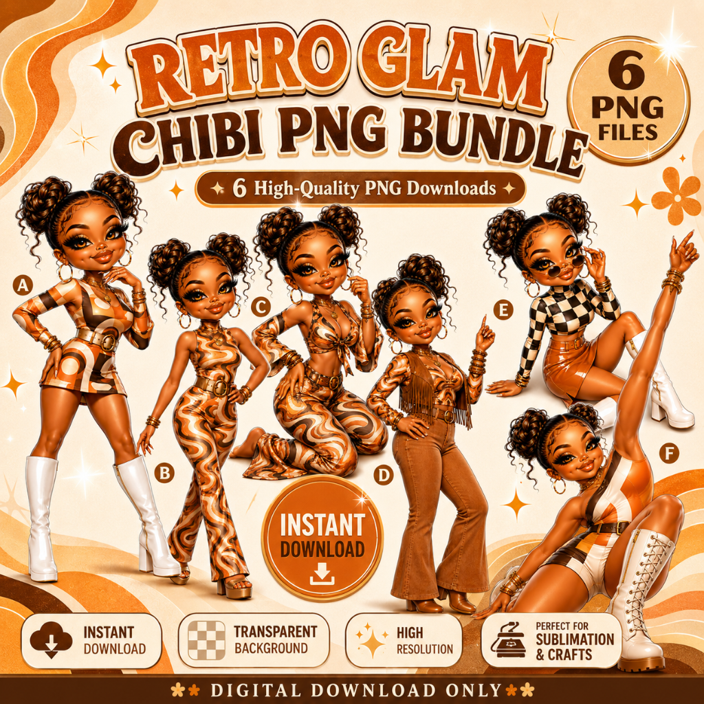 Retro Glam Chibi PNG Bundle | 6 High-Quality Digital Downloads