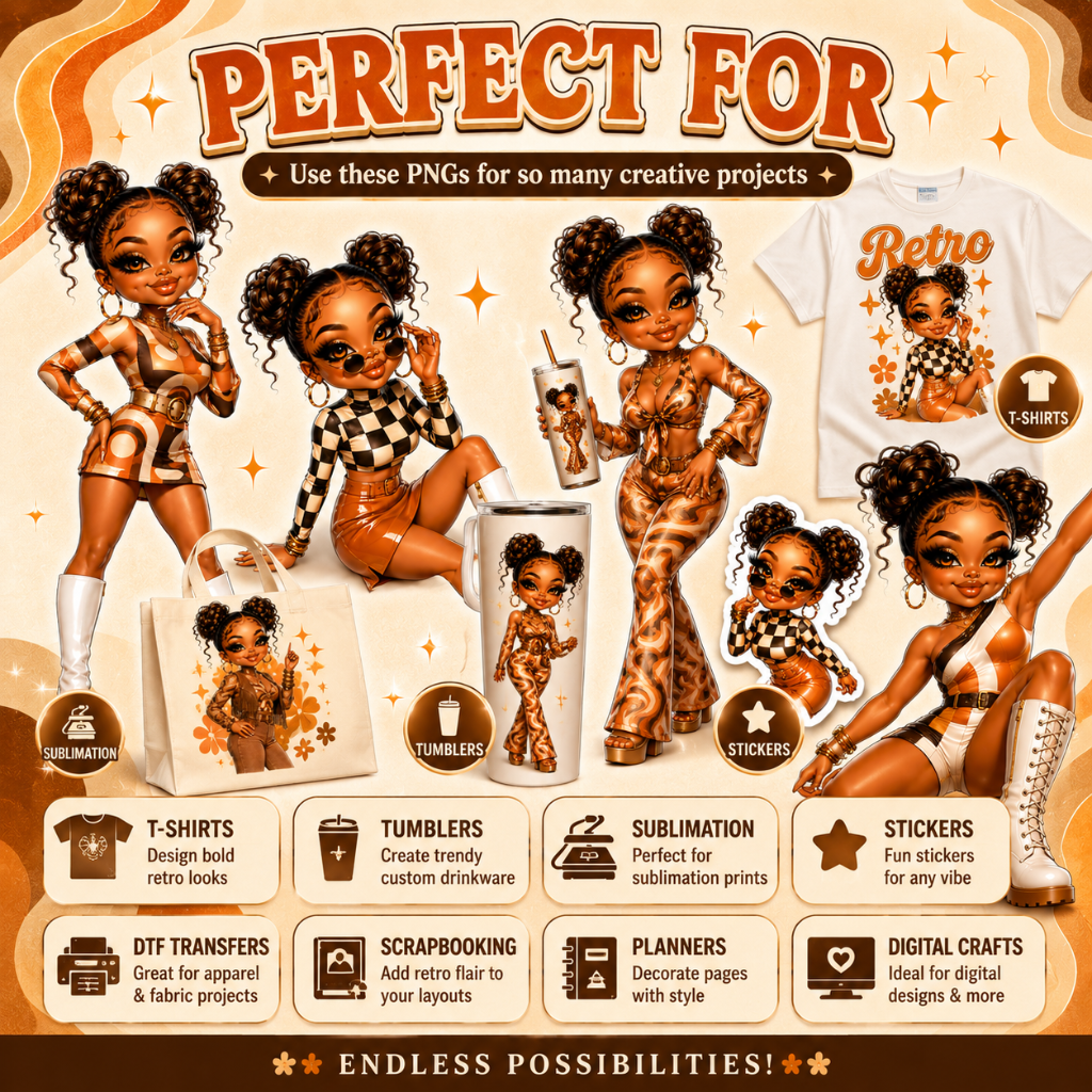 Retro Glam Chibi PNG Bundle | 6 High-Quality Digital Downloads