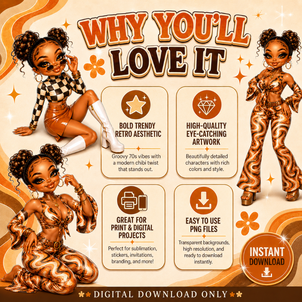 Retro Glam Chibi PNG Bundle | 6 High-Quality Digital Downloads