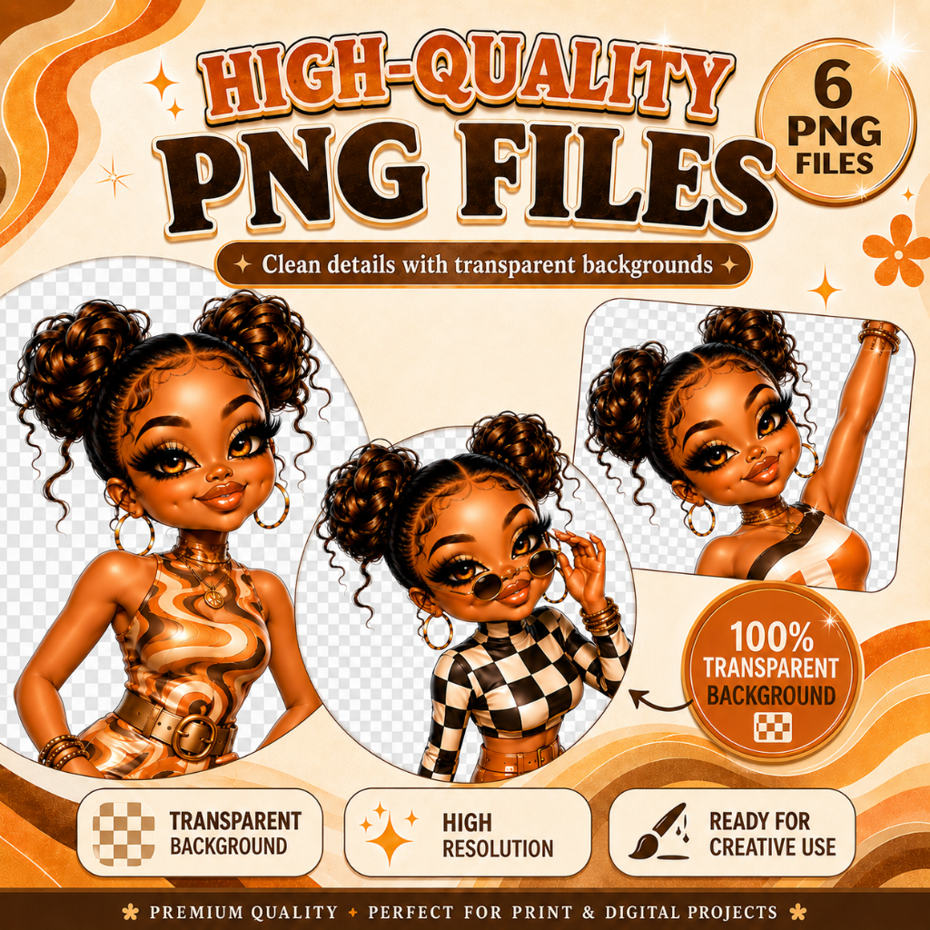 Retro Glam Chibi PNG Bundle | 6 High-Quality Digital Downloads