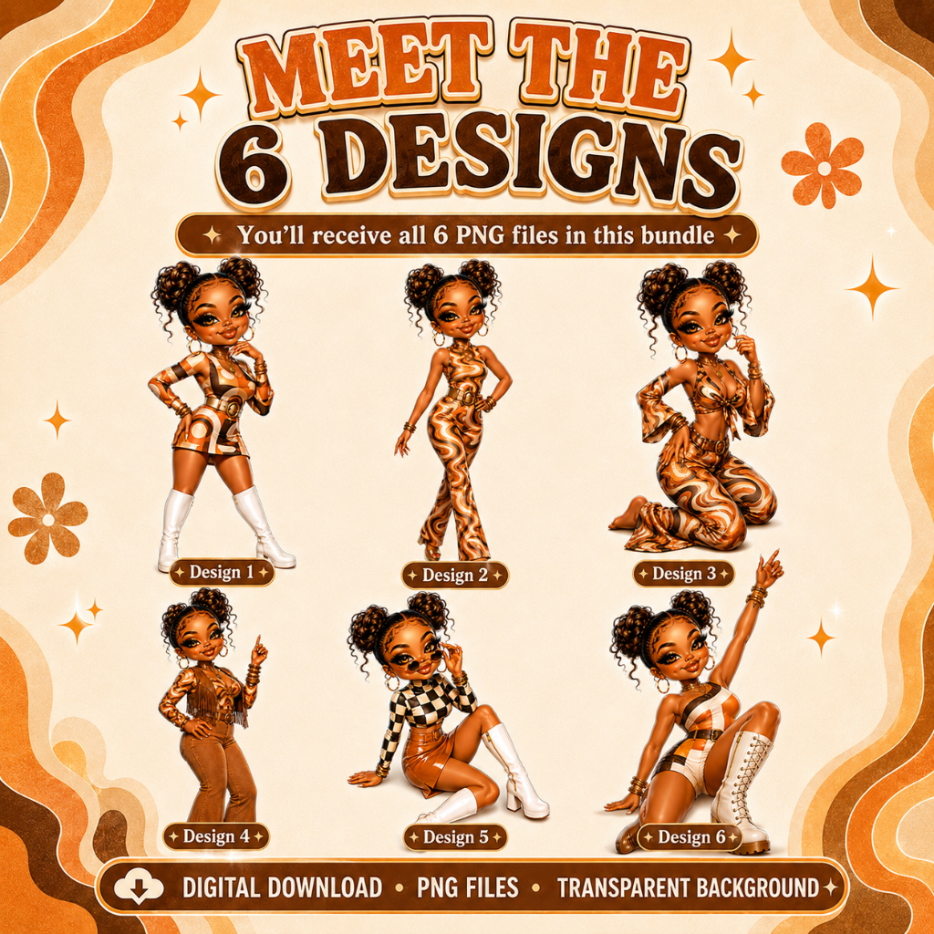 Retro Glam Chibi PNG Bundle | 6 High-Quality Digital Downloads
