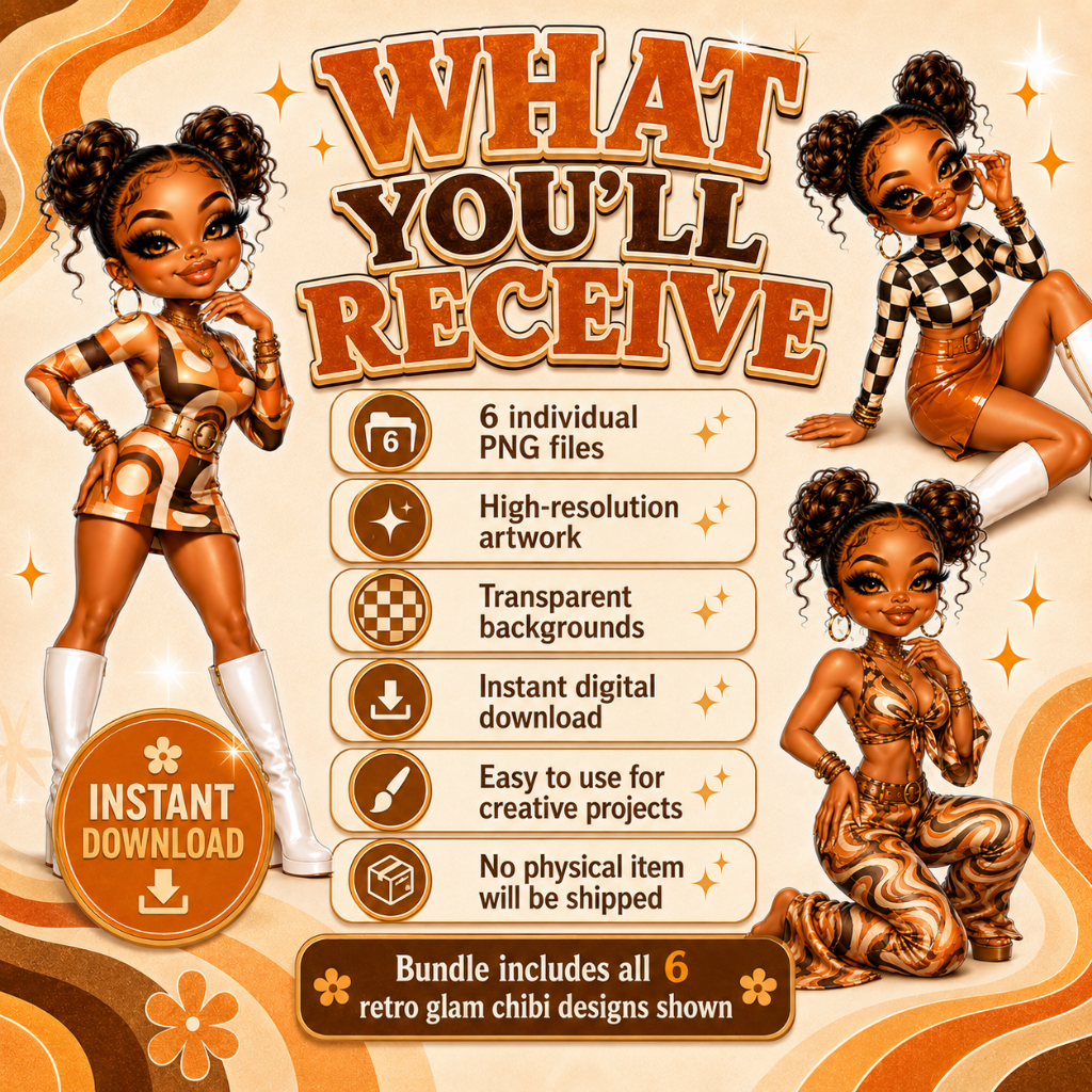 Retro Glam Chibi PNG Bundle | 6 High-Quality Digital Downloads