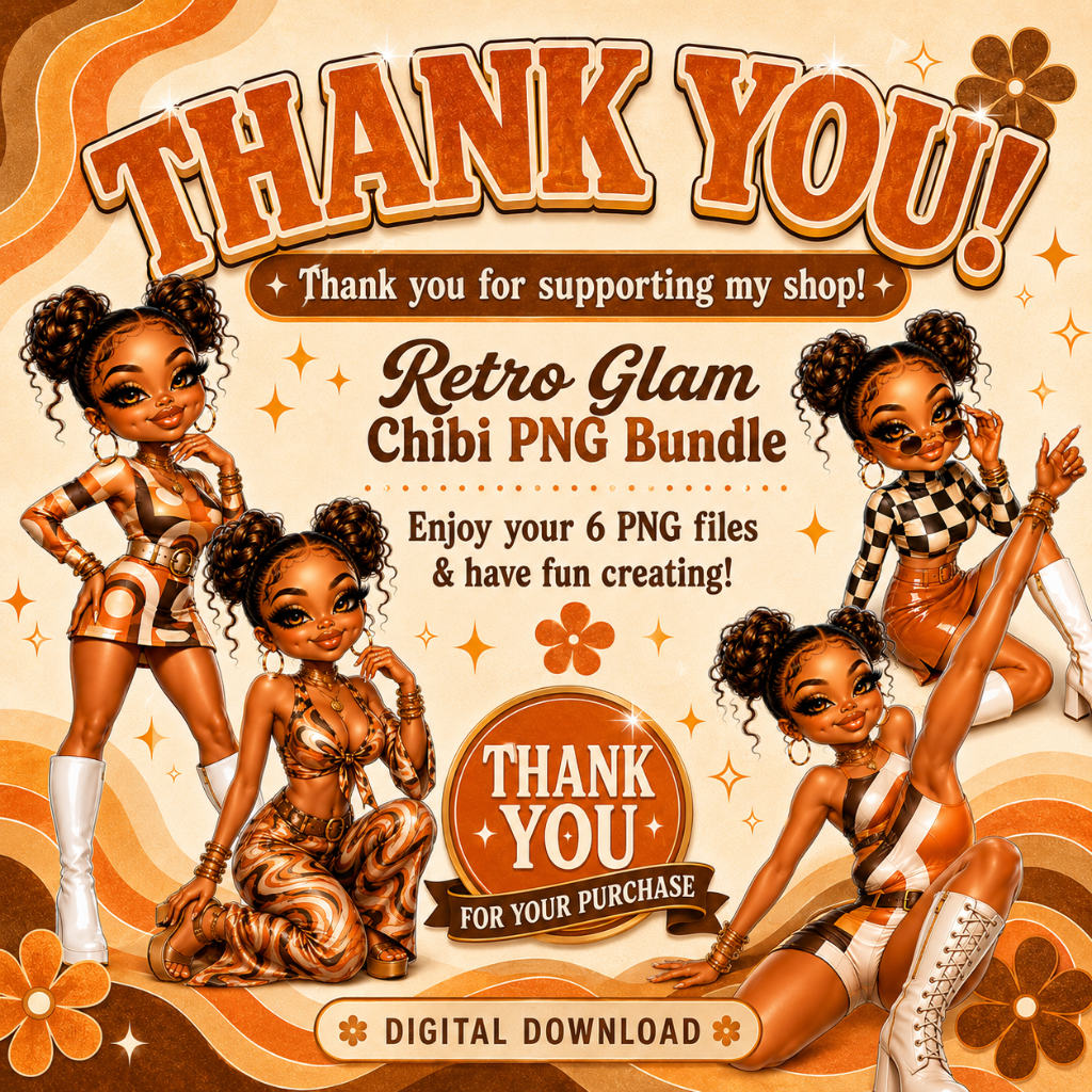 Retro Glam Chibi PNG Bundle | 6 High-Quality Digital Downloads